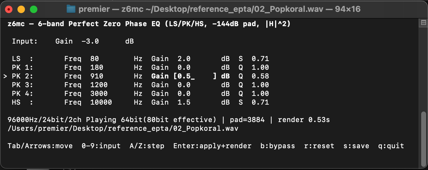 z0 Coherent — 6-Band Zero Phase EQ (TUI)